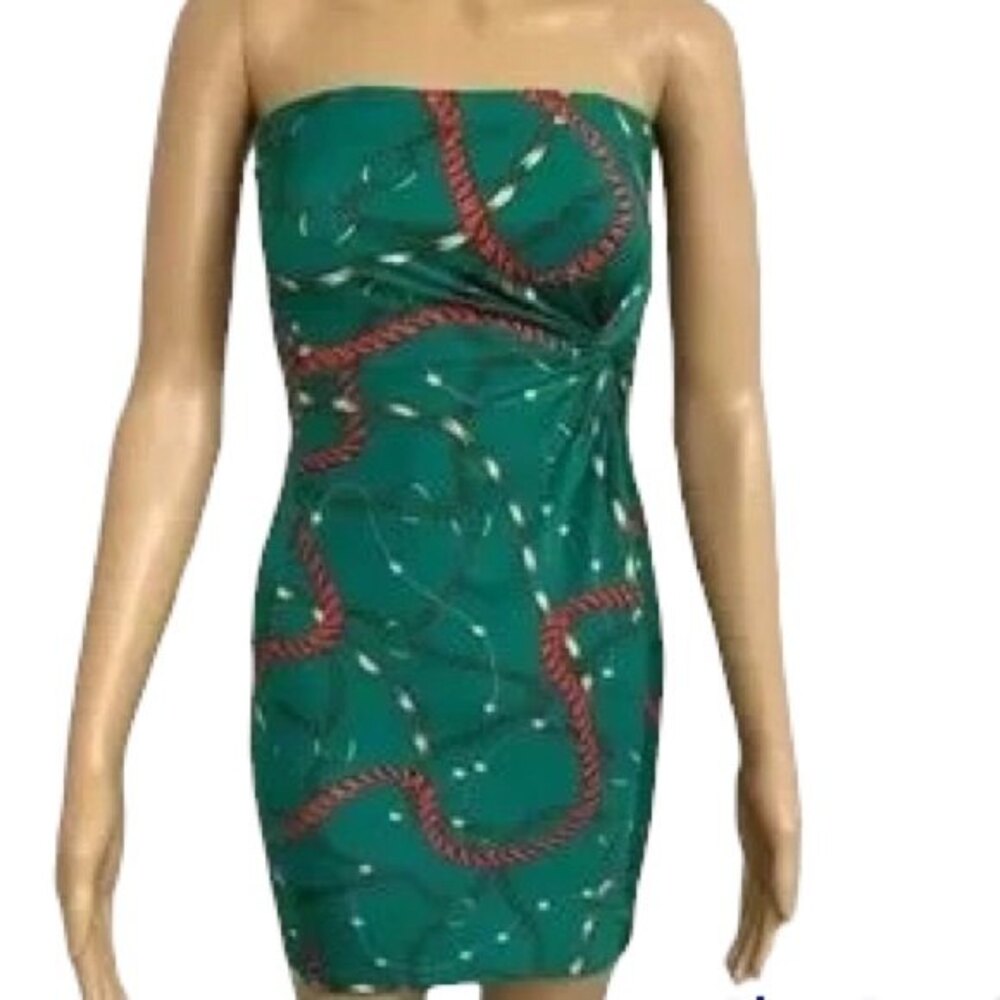 Just Me Mini Dress Medium M Green Multi Chain Print Strapless Ruched Bodycon
